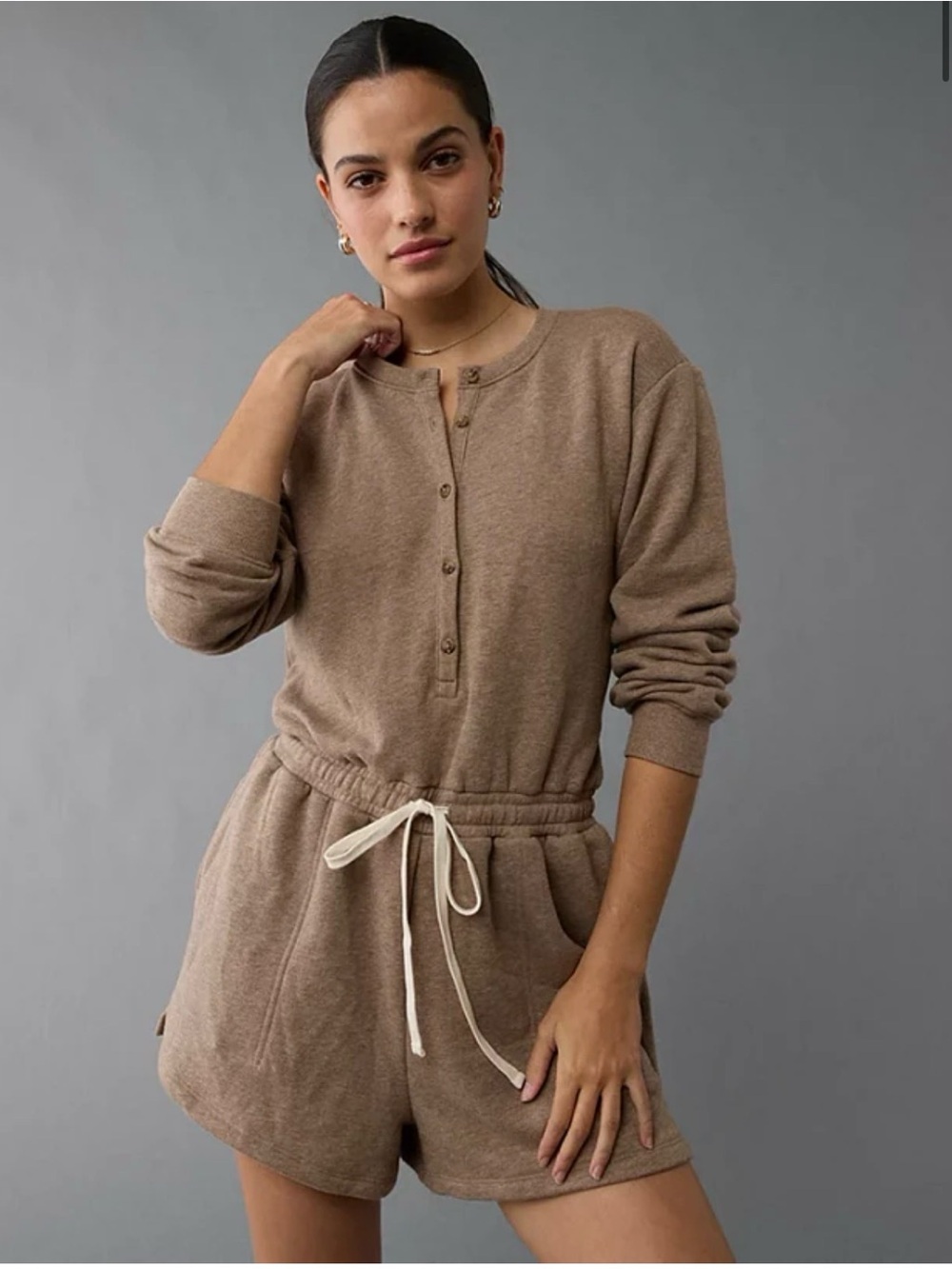 NWT American Eagle Outfitters Brown Henley Romper with Drawstring Size XL